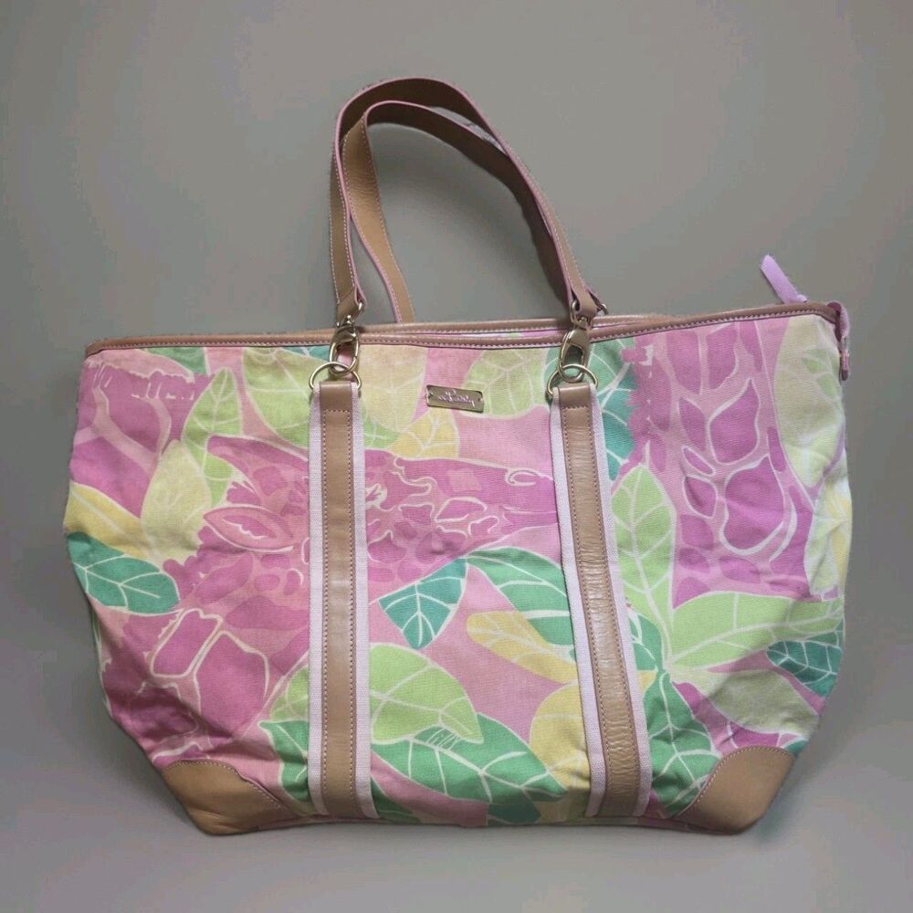 Vintage Lilly Pulitzer Giraffe Print Canvas Tote Bag Pink Zip Top Travel READ